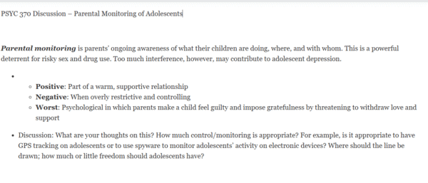 PSYC 370 Discussion – Parental Monitoring of Adolescents